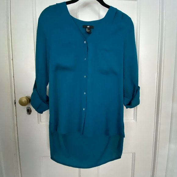 H&M Women's Teal V-Neck Button Down Blouse, High Low, Size 2 - Picture 6 of 7